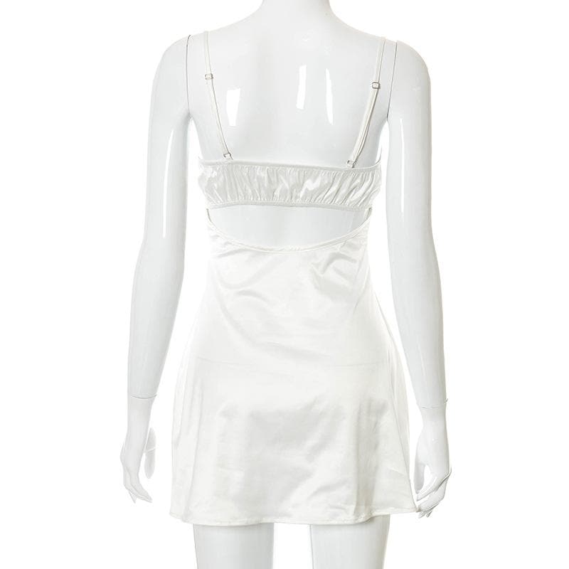 Lace hem satin ruched hollow out backless cami mini dress 4