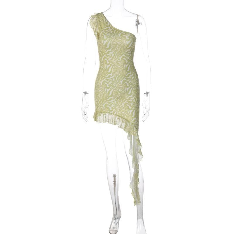 Mesh ripple contrast one shoulder irregular ruffle midi dress 8