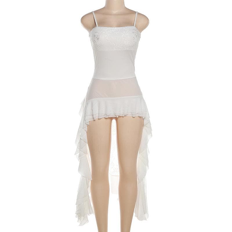 Lace patchwork square neck ruffle solid cami mini dress - View 9