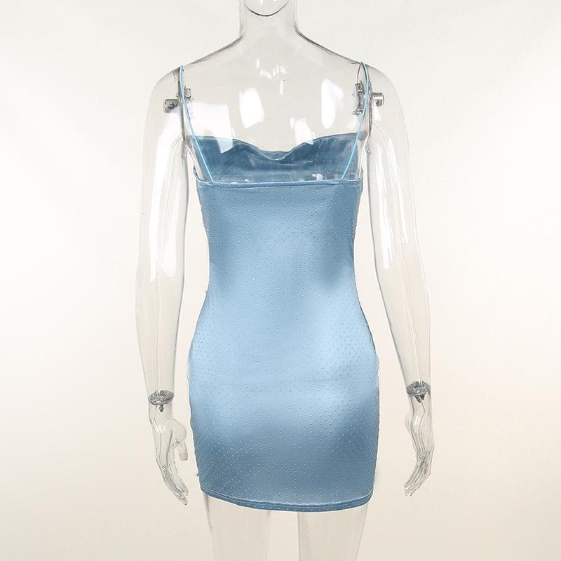 Satin Cowl Neck Spaghetti Strap Faux Pearl Beaded Bodycon Mini Dress 4