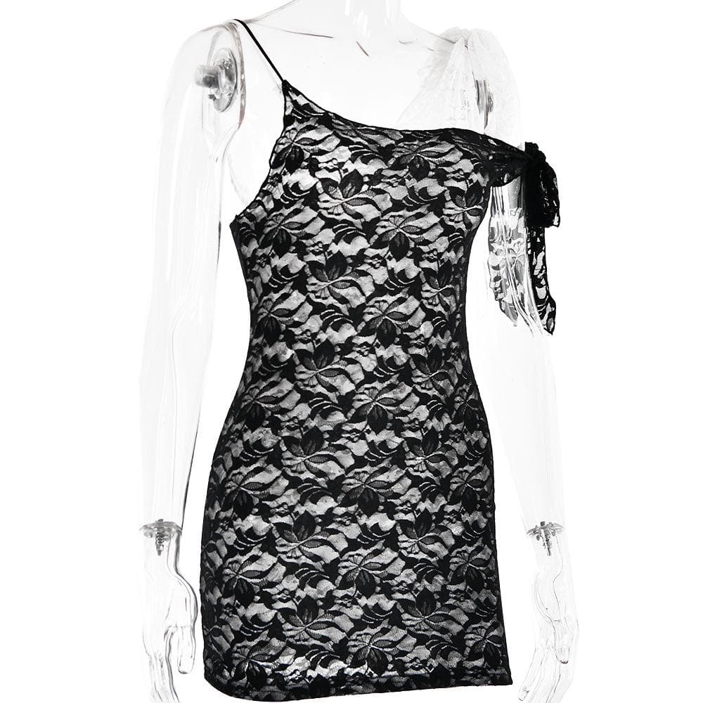 Lace contrast irregular self tie backless mini dress 3