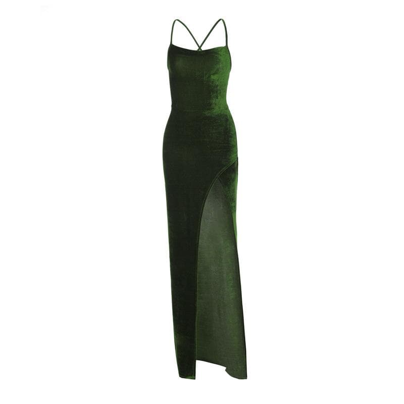 Velvet lace up solid slit cross back sleeveless midi dress - View 2