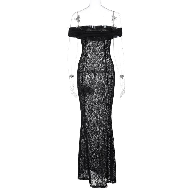 Lace off shoulder see through solid ruched maxi dress 4