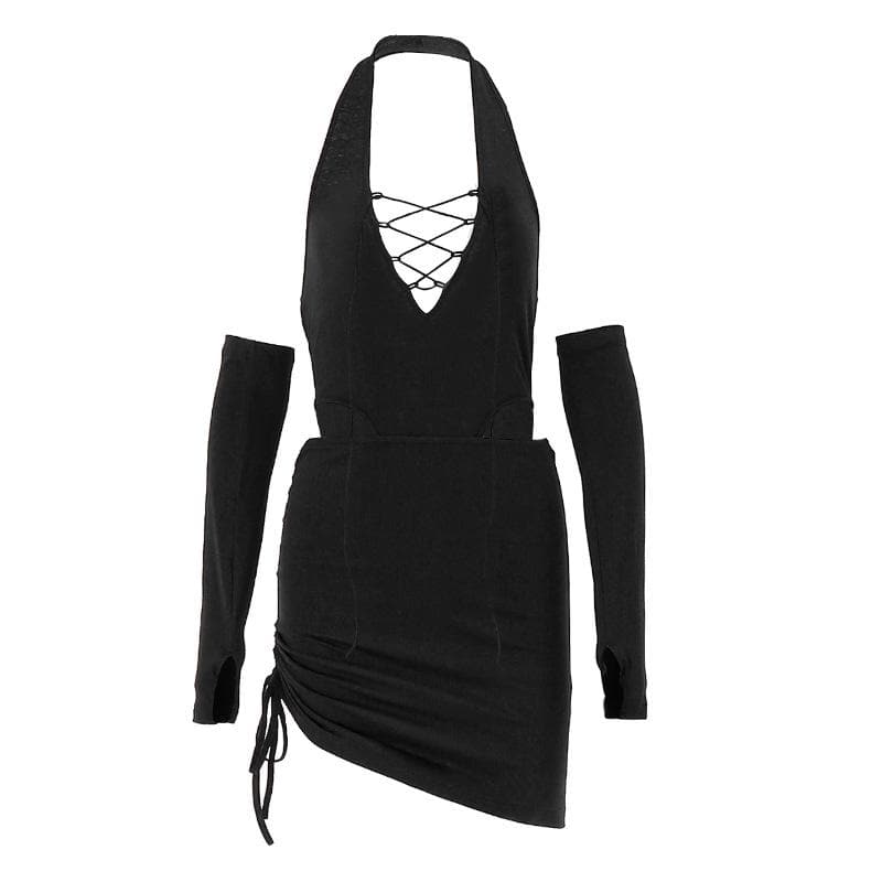Halter Neck Cut Out Lace Up Mini Dress