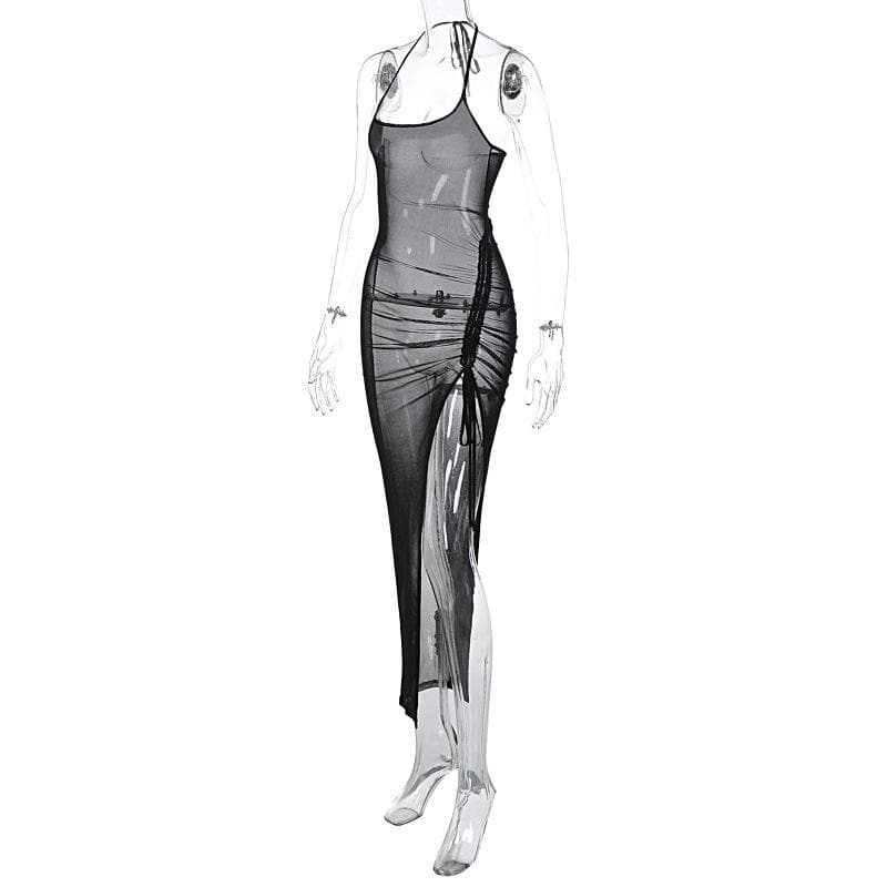 Halter drawstring sheer mesh see through slit backless maxi dress 4