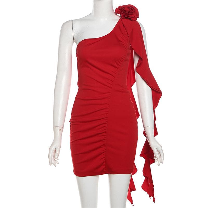 One Shoulder Ruched Flower Applique Ruffle Backless Bodycon Mini Dress