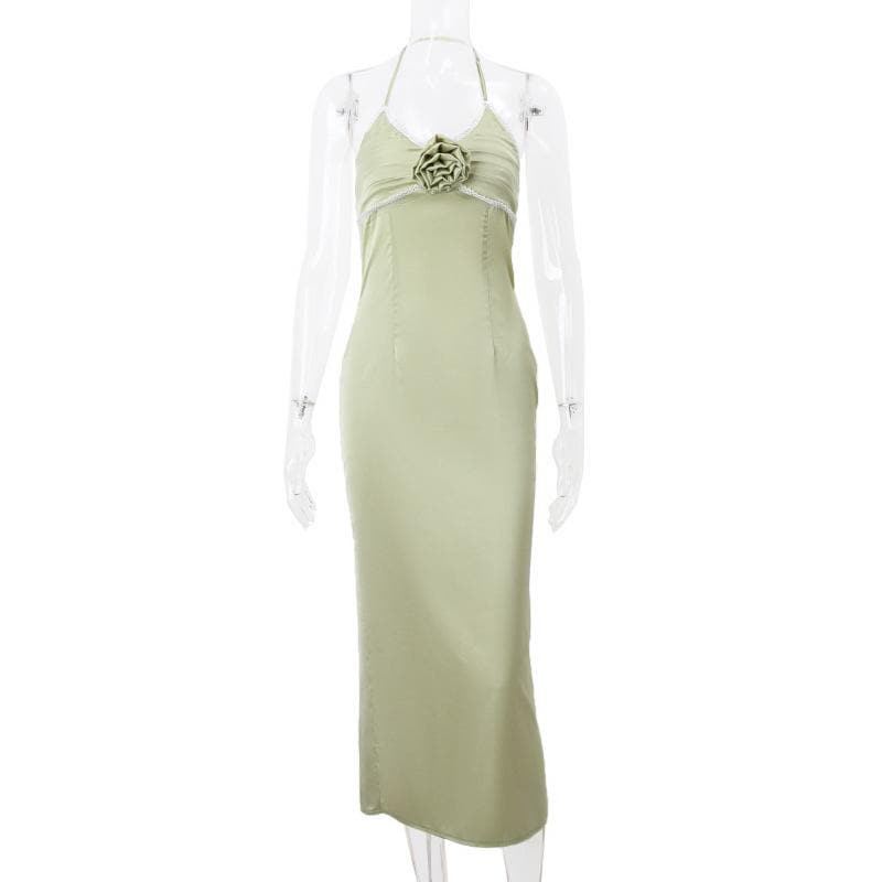 Satin Halter Neck Rosette Ruched Slip Midi Dress