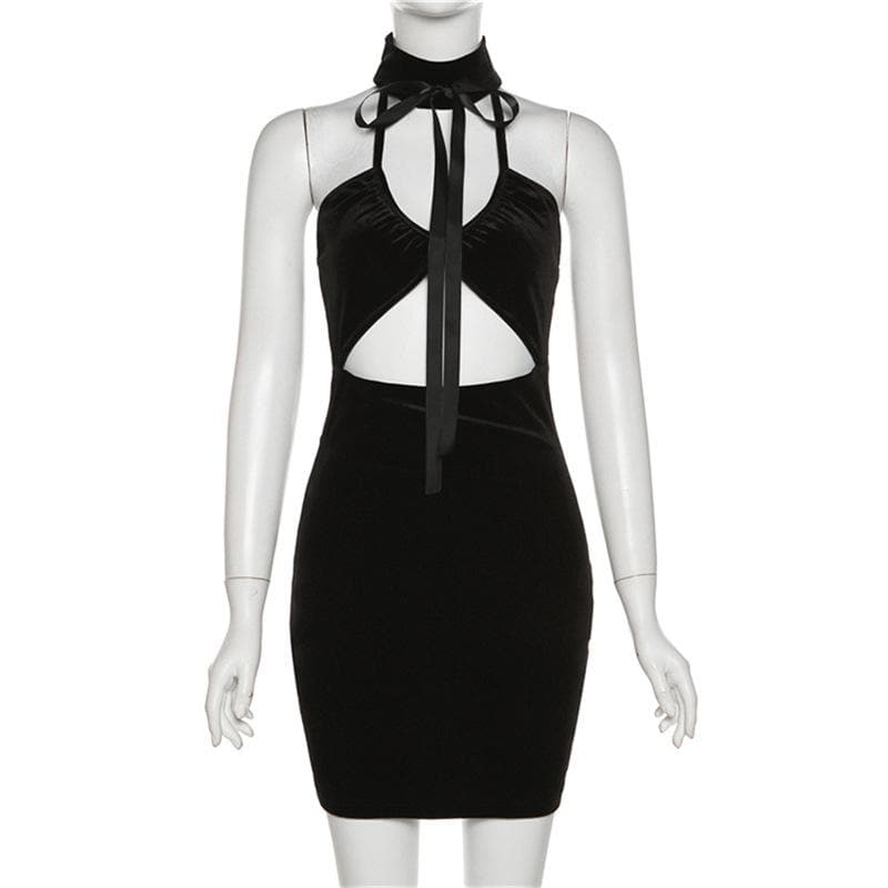 Velvet Halter Neck Cut Out Bodycon Mini Dress