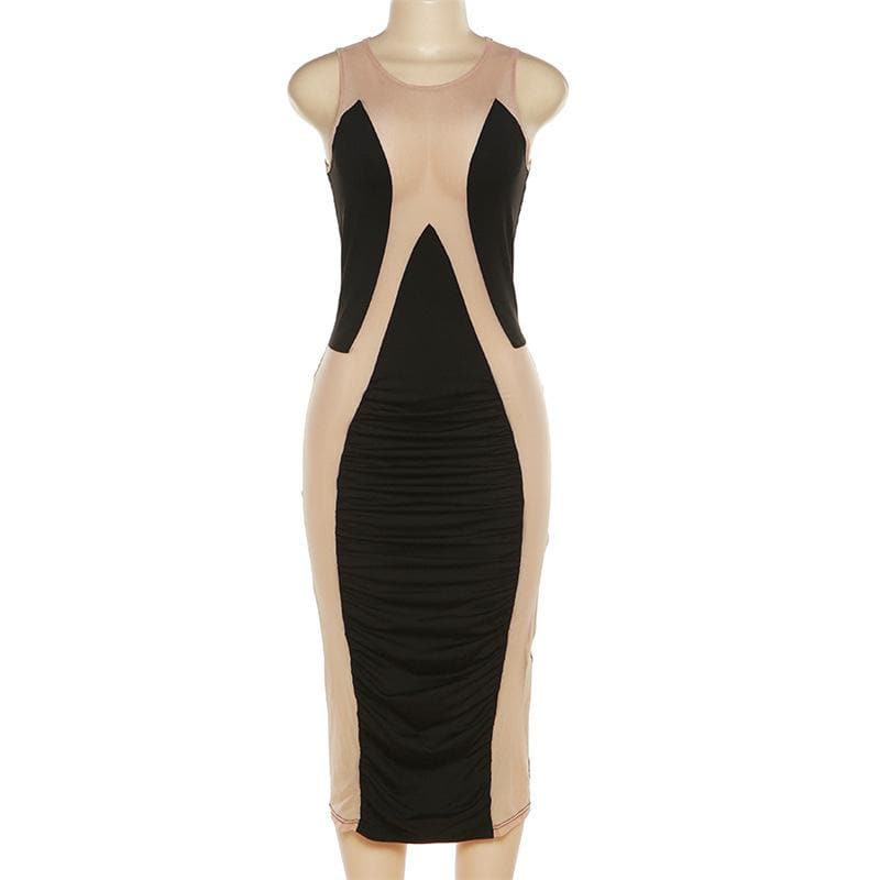 Sleeveless mesh contrast round neck midi dress - View 8