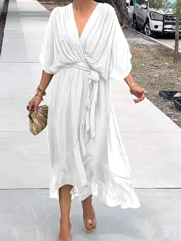 Chiffon Deep V-Neck Batwing Wrap Midi Dress 8