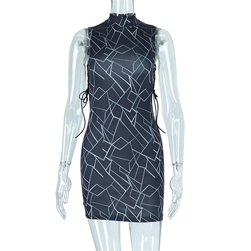 Sleeveless contrast hollow out lace up self tie mini dress - View 8