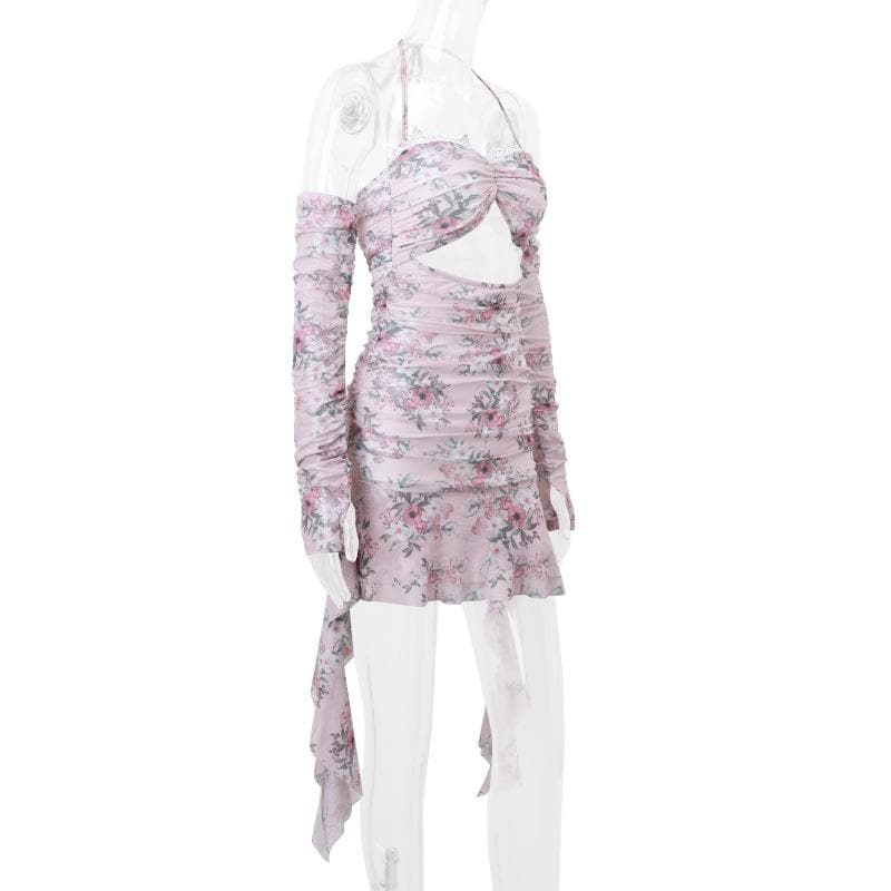 Floral Halter Neck Lace Trim Cut Out Ruched Ruffle Mini Dress