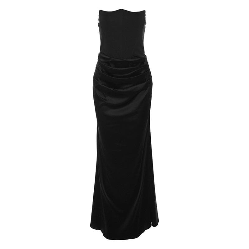 Strapless Corset Bodice Ruched Waist Velvet Maxi Dress