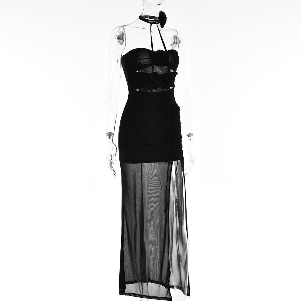 Mesh Strapless Flower Applique Cut Out High Split Maxi Dress