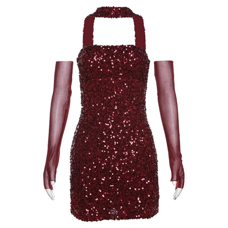 Sequin Mesh Glove Halter Neck Bodycon Mini Dress