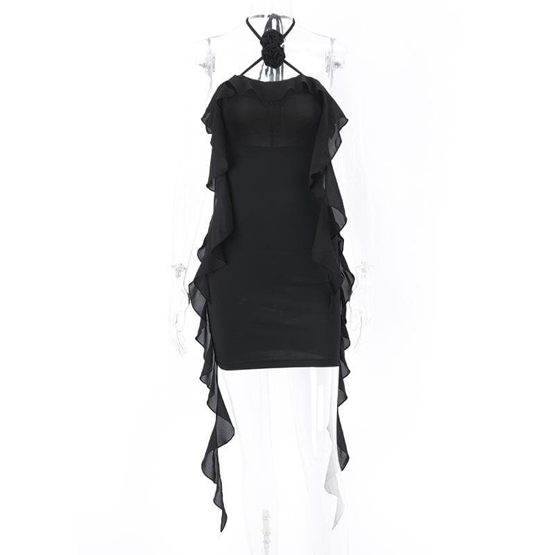Halter Neck Flower Applique Ruffle Bodycon Mini Dress