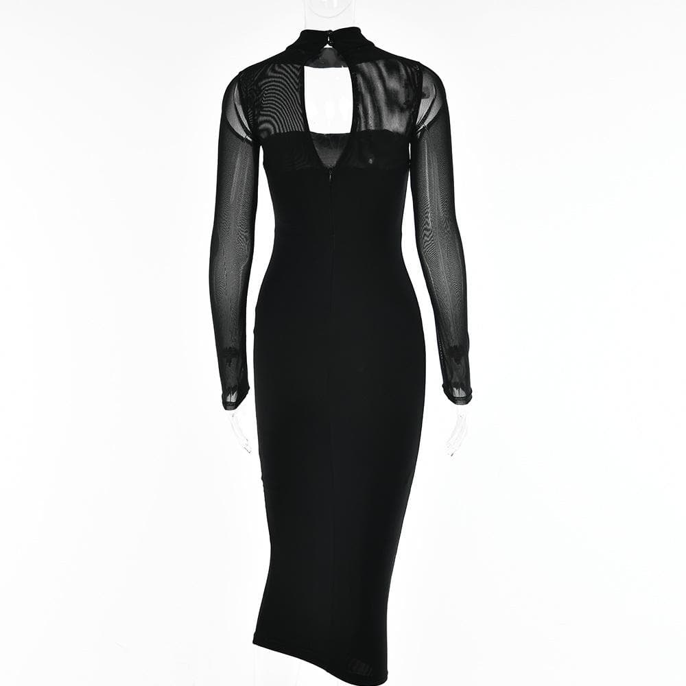 Sheer Mesh Long Sleeve Choker Strapless Bodycon Midi Dress