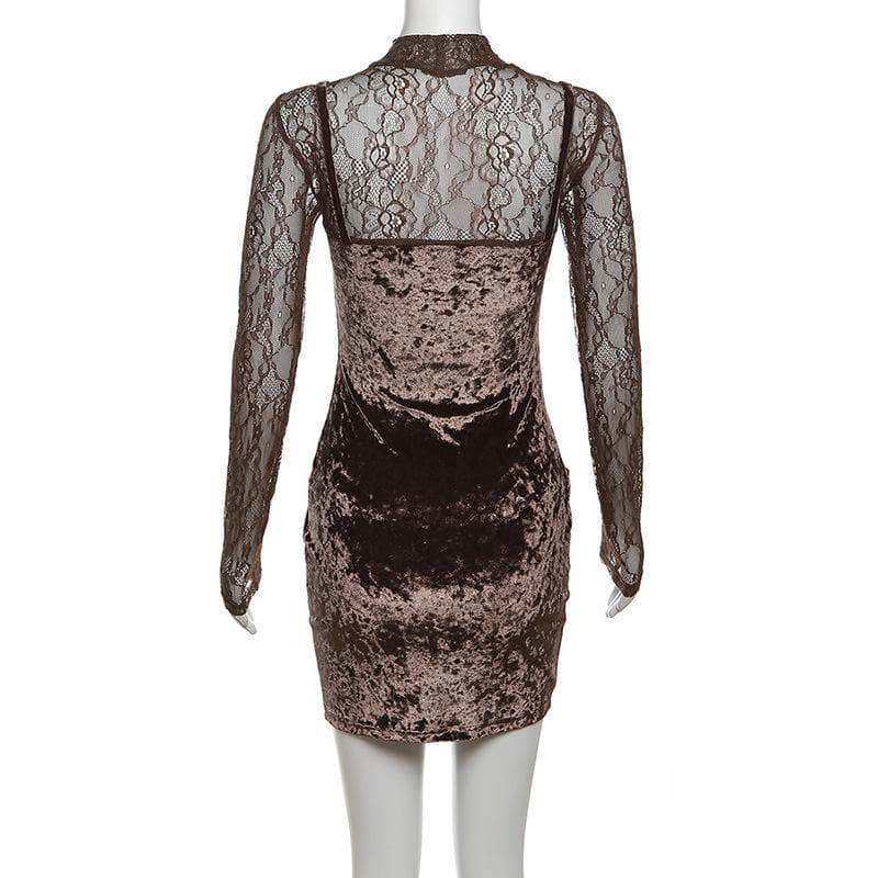 Velvet patchwork high neck long sleeve lace mini dress - View 4