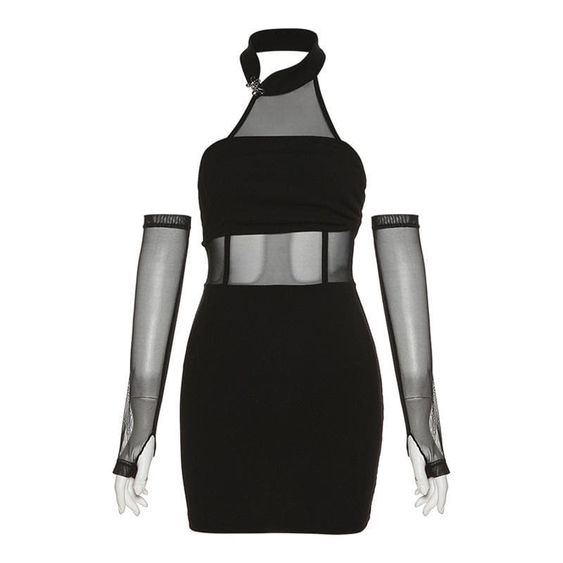 Mesh Halter Neck Glove Sleeve Cut Out Bodycon Mini Dress
