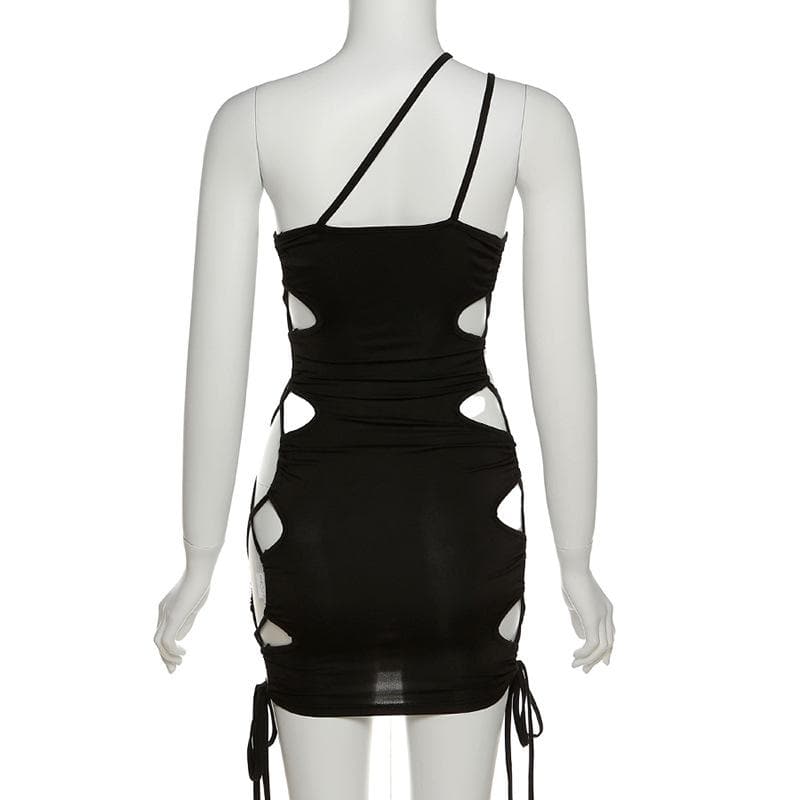 One Shoulder Side Cut Out Drawstring Ruched Bodycon Mini Dress 4