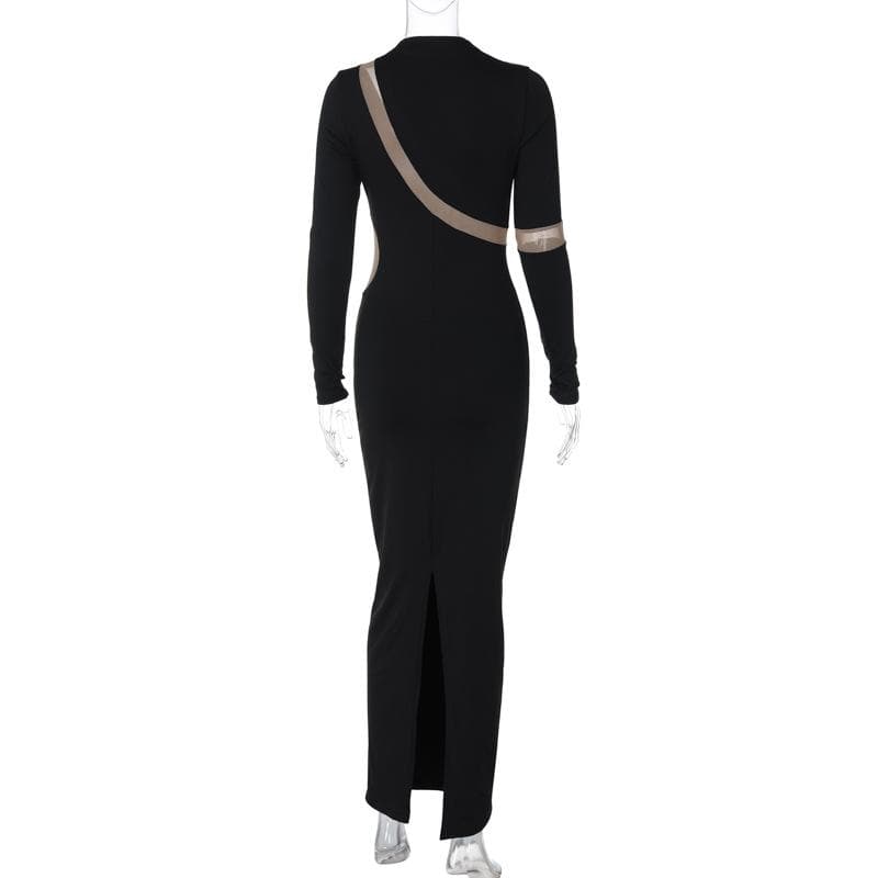 Contrast irregular mesh patchwork long sleeve slit maxi dress 4