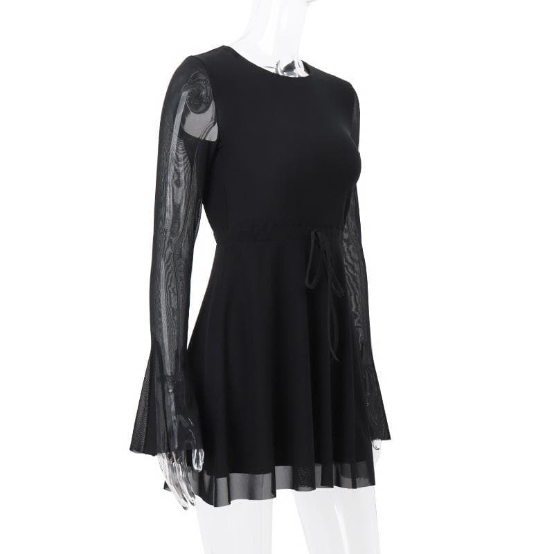 Long flared sleeve crewneck self tie mesh backless mini dress 4