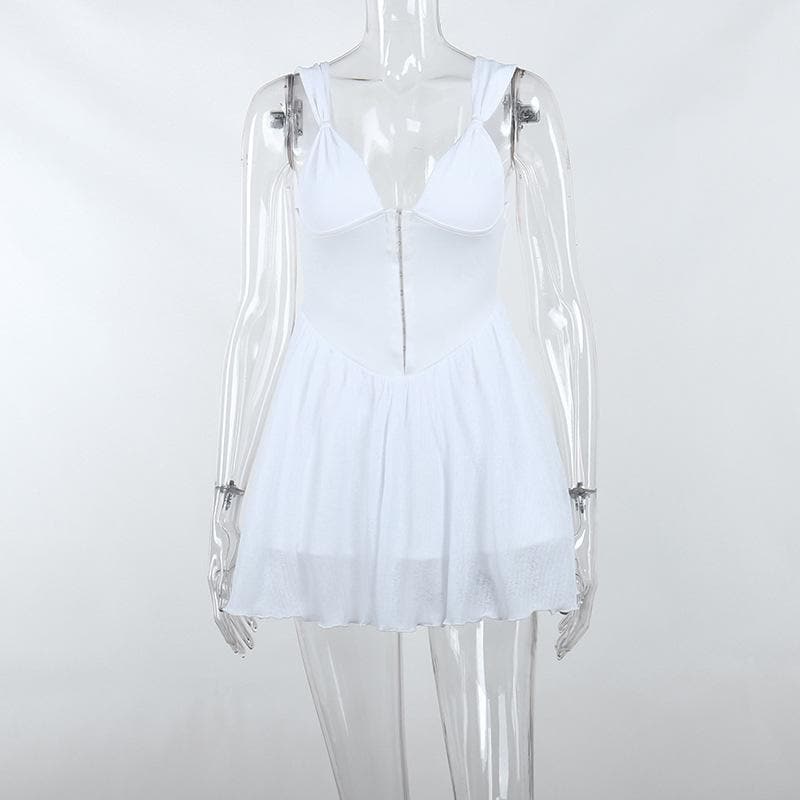 Deep V-Neck Knot Strap Hook Front Corset Waist Flared Mini Dress 3