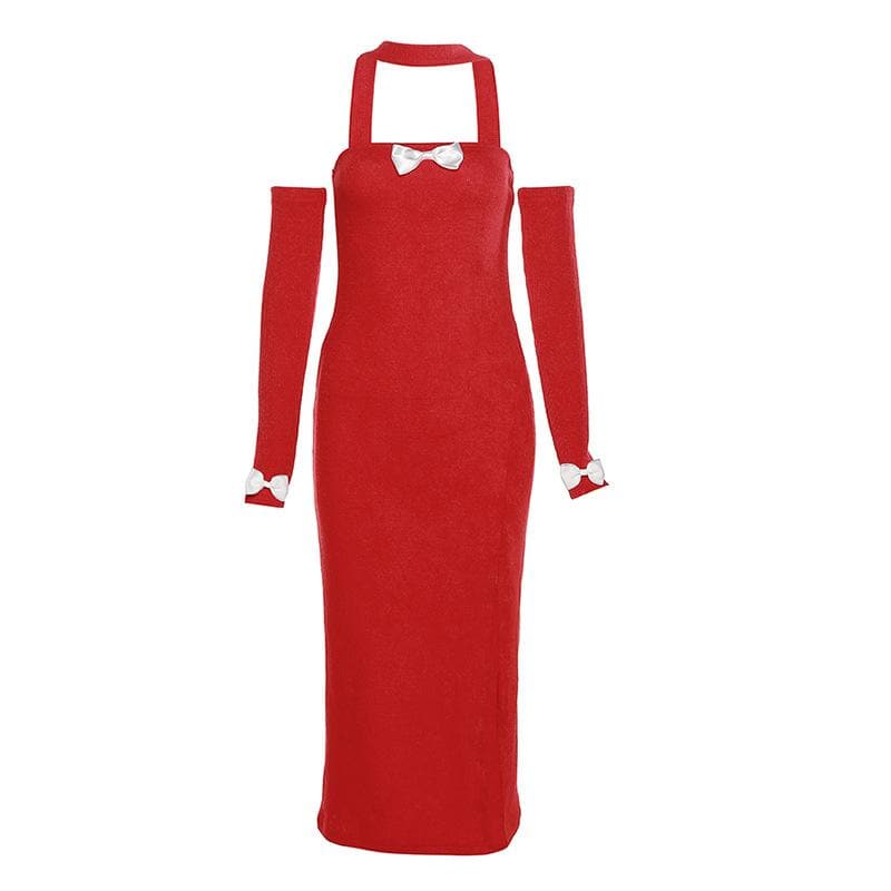 Knit Off Shoulder Long Sleeve High Split Bodycon Midi Dress
