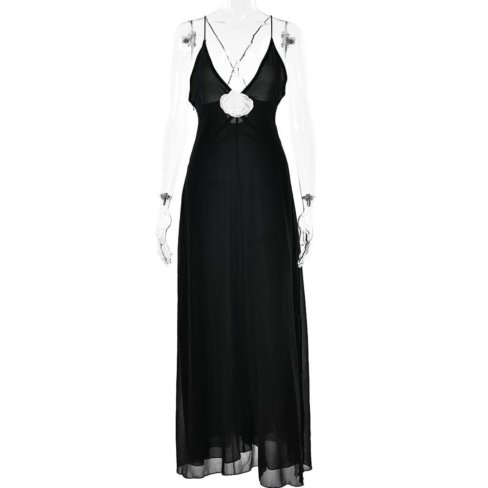 Flower applique v neck ruched zip-up cross back maxi dress - View 3