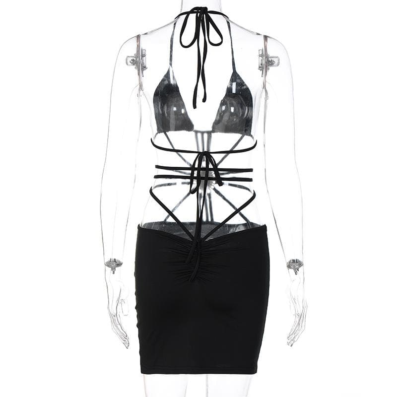 Halter Neck Strappy Cut Out Stone Applique Bodycon Mini Dress