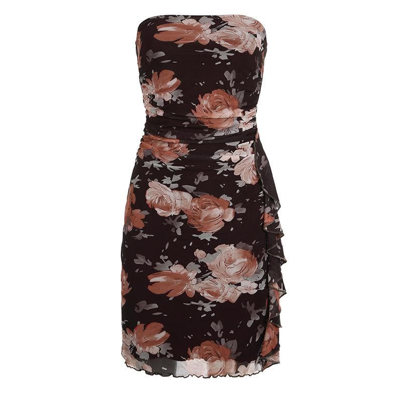 Floral Print Mesh Strapless Ruched Ruffle Bodycon Mini Dress