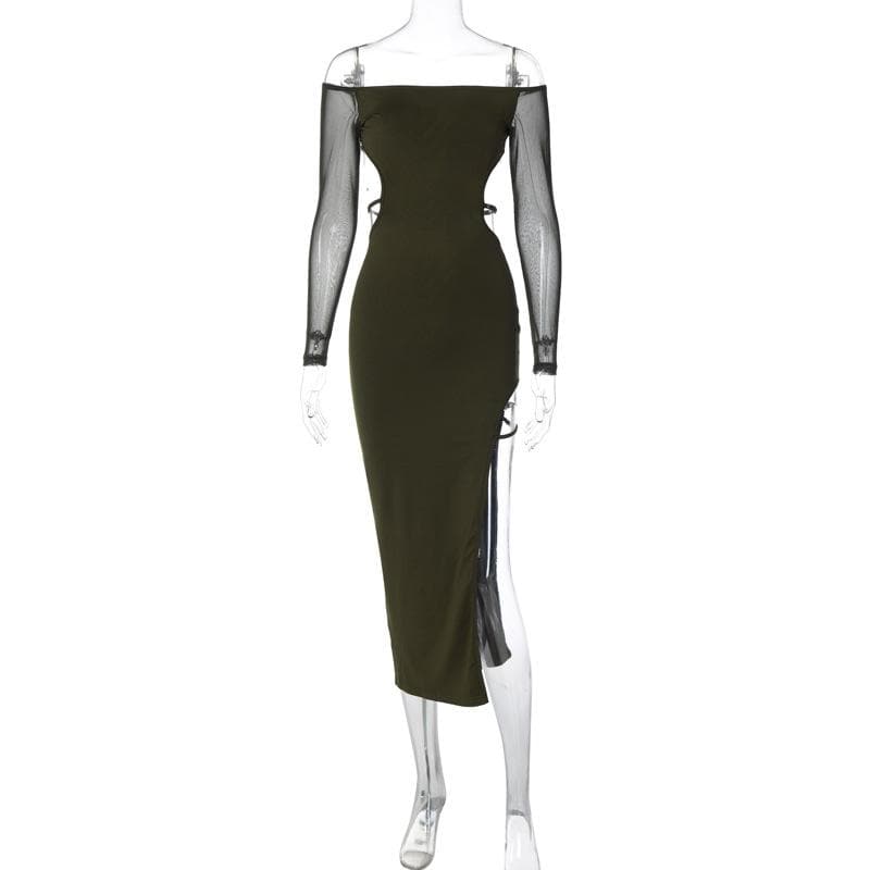Off Shoulder Mesh Long Sleeve Cut Out High Split Midi Dress 2