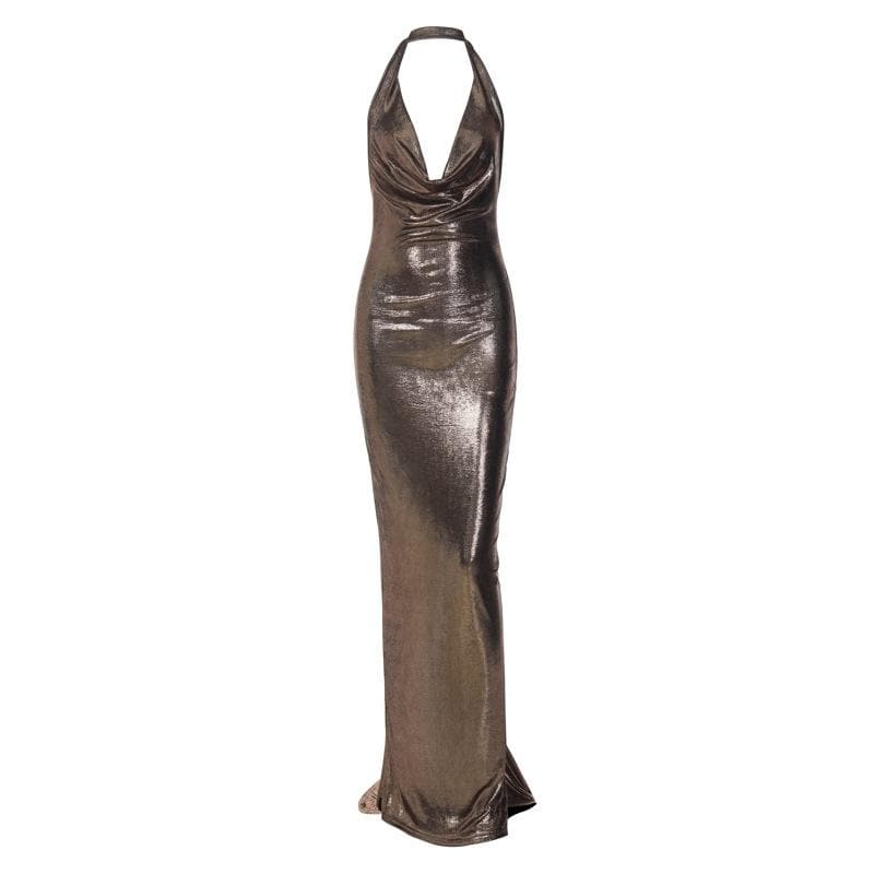 Metallic Cowl Neck Ruched Halter Backless Maxi Dress 3