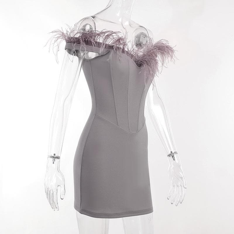 Feather Off Shoulder Sweetheart Corset Bodycon Mini Dress