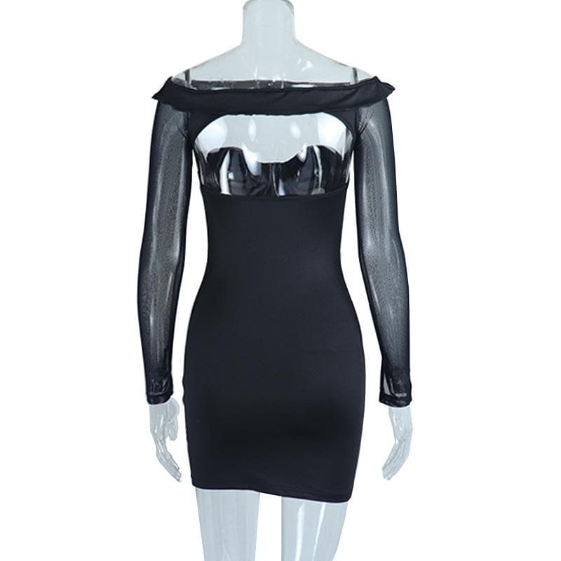 Off Shoulder Mesh Long Sleeve Cut Out Corset Bodycon Mini Dress 3