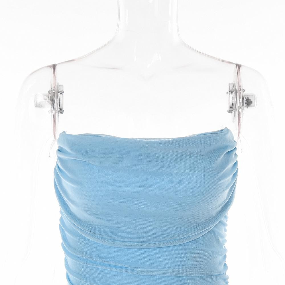 Mesh Zip Up Halter Ruched High Split Tube Dress - View 7