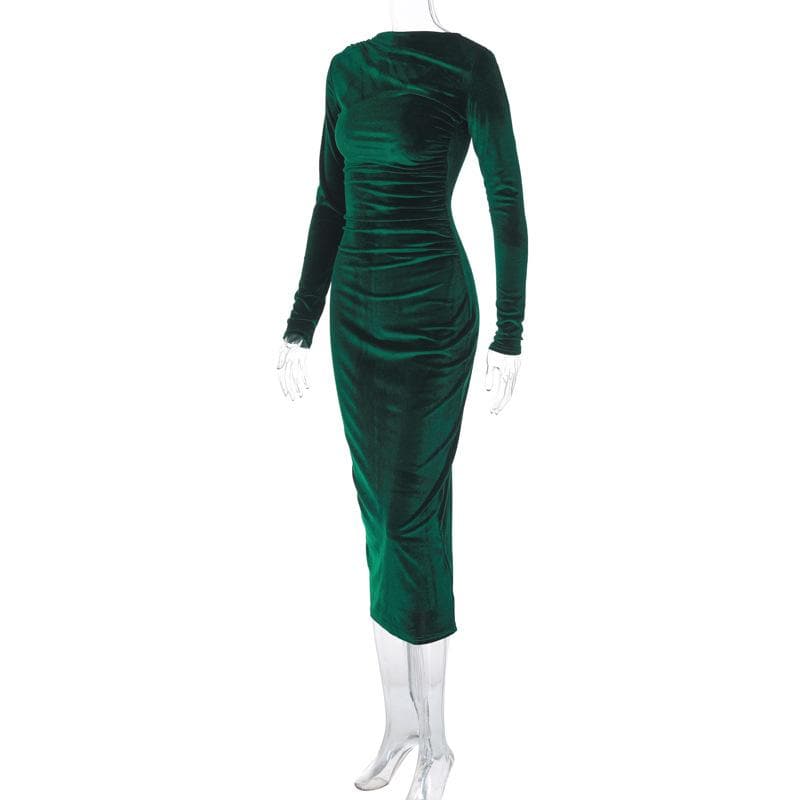 Velvet solid ruched long sleeve midi dress - View 3