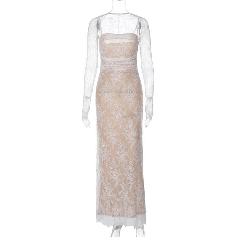 Long sleeve lace zip-up ruched shrug cami maxi dress 2