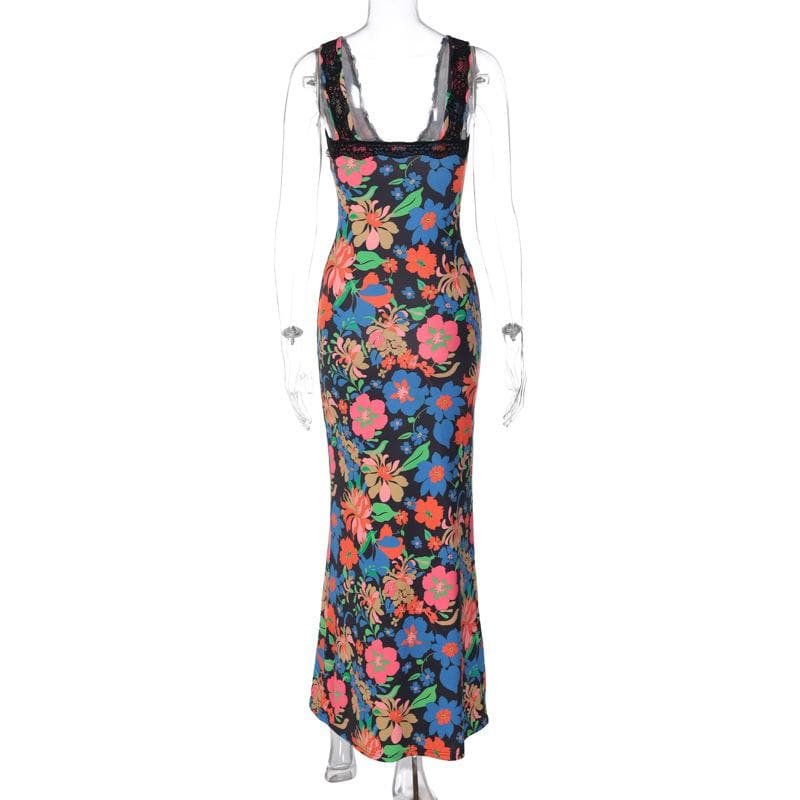 Lace hem sleeveless v neck flower print contrast maxi dress - View 4
