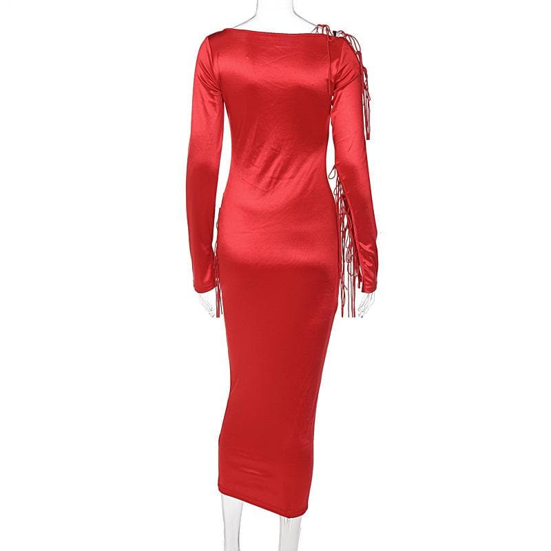 Long sleeve solid satin hollow out self tie crewneck midi dress 3