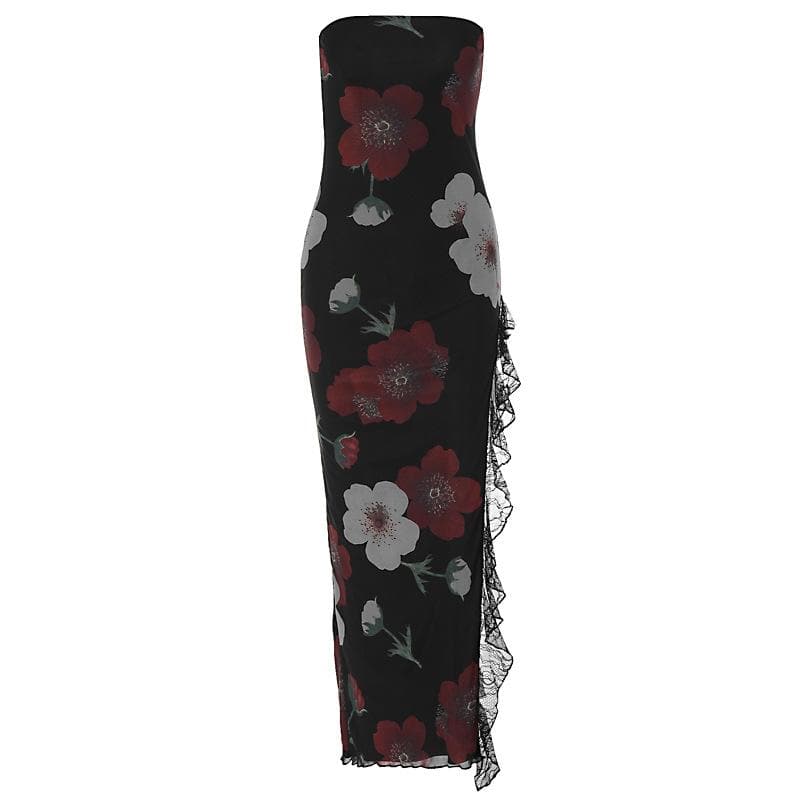 Floral Print Strapless High Split Ruffle Lace Trim Maxi Dress