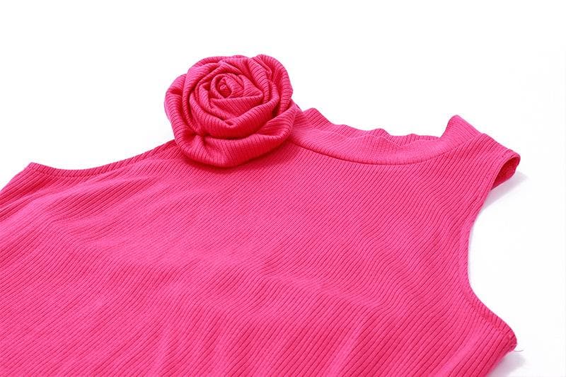 Ribbed Knit Sleeveless Flower Applique Ruffle Asymmetric Mini Dress