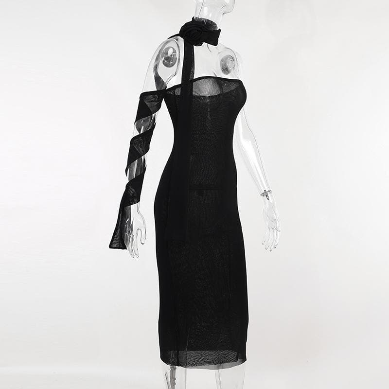 Flower applique solid lace up ribbon tube midi dress