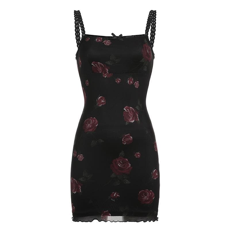 Floral Print Square Neck Spaghetti Strap Lace Trim Bodycon Mini Dress