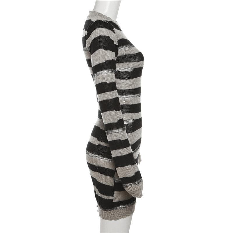 Crochet striped contrast long sleeve crewneck mini dress 4