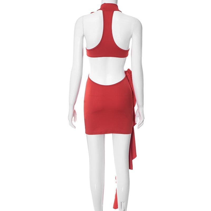 Halter Neck Cut Out 3D Rosette Ruffle Bodycon Mini Dress