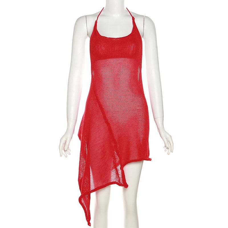Knit Halter Neck Backless High Low Mini Dress