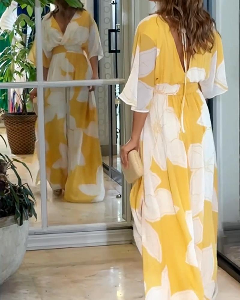 Floral V-Neck Flutter Sleeve Maxi Dress Summer 3