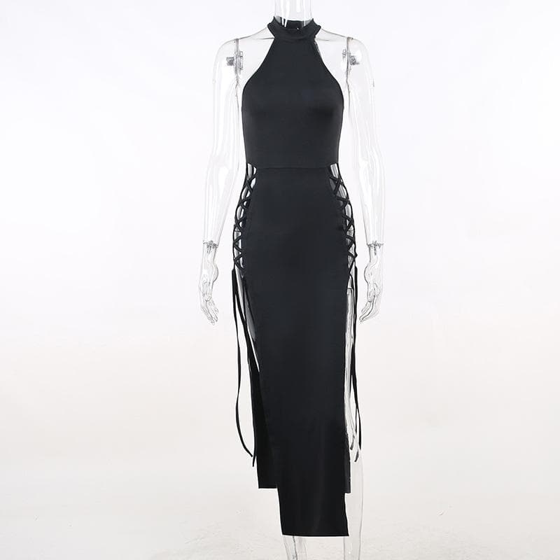 Sleeveless solid hollow out slit lace up midi dress - View 3
