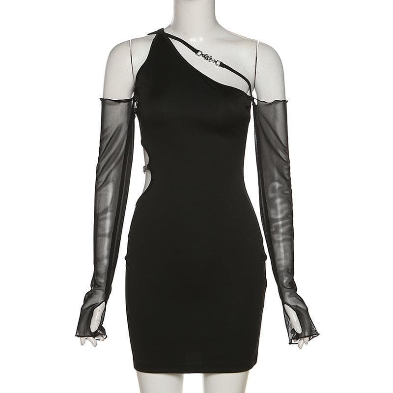 Long mesh sleeve off shoulder hollow out irregular dress 3